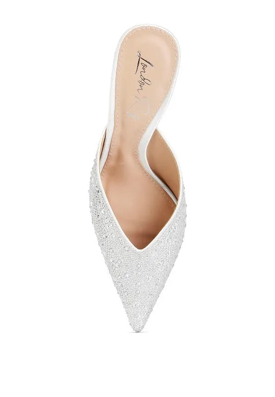Aldora Rhinestones Embellished Satin Mules