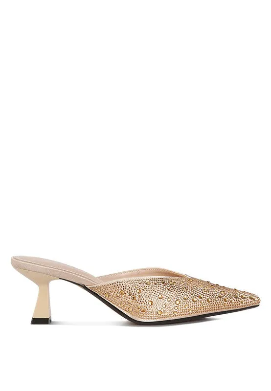 Aldora Rhinestones Embellished Satin Mules