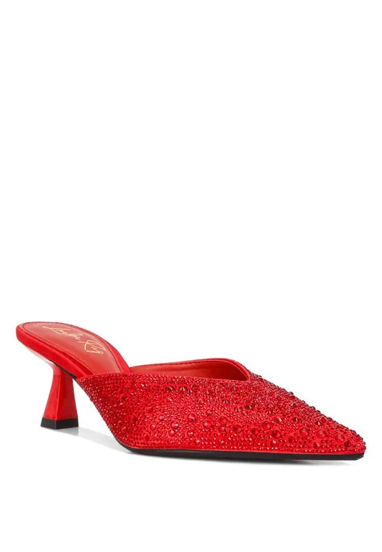 Aldora Rhinestones Embellished Satin Mules
