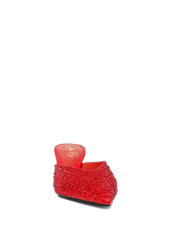 Aldora Rhinestones Embellished Satin Mules