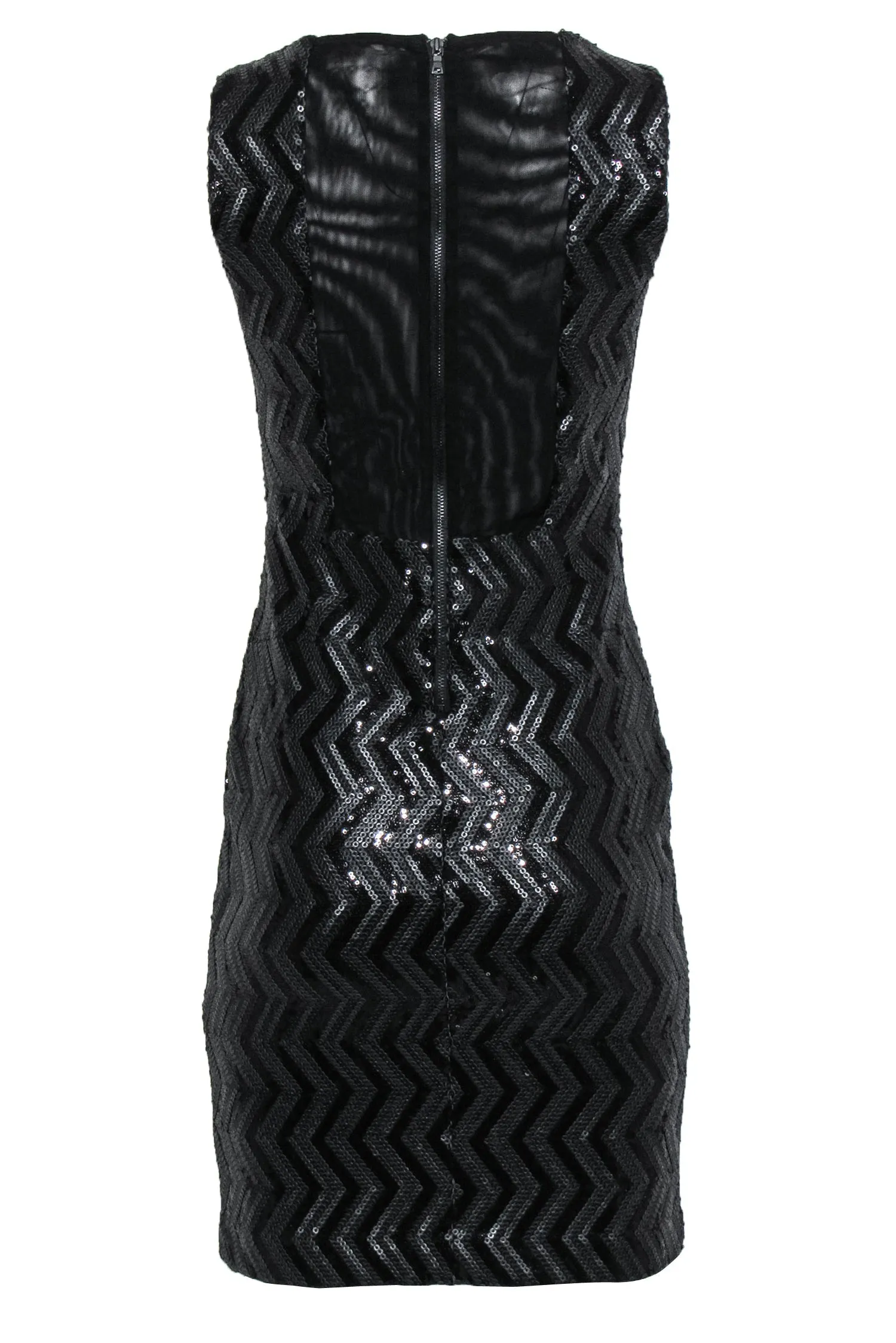 Alice & Olivia - Black Sequin Chevron Sheath Dress w/ Back Mesh Paneling Sz 6