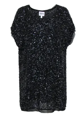 Armani Collezioni - Black Sequin & Beaded Short Sleeve Shift Dress Sz 4