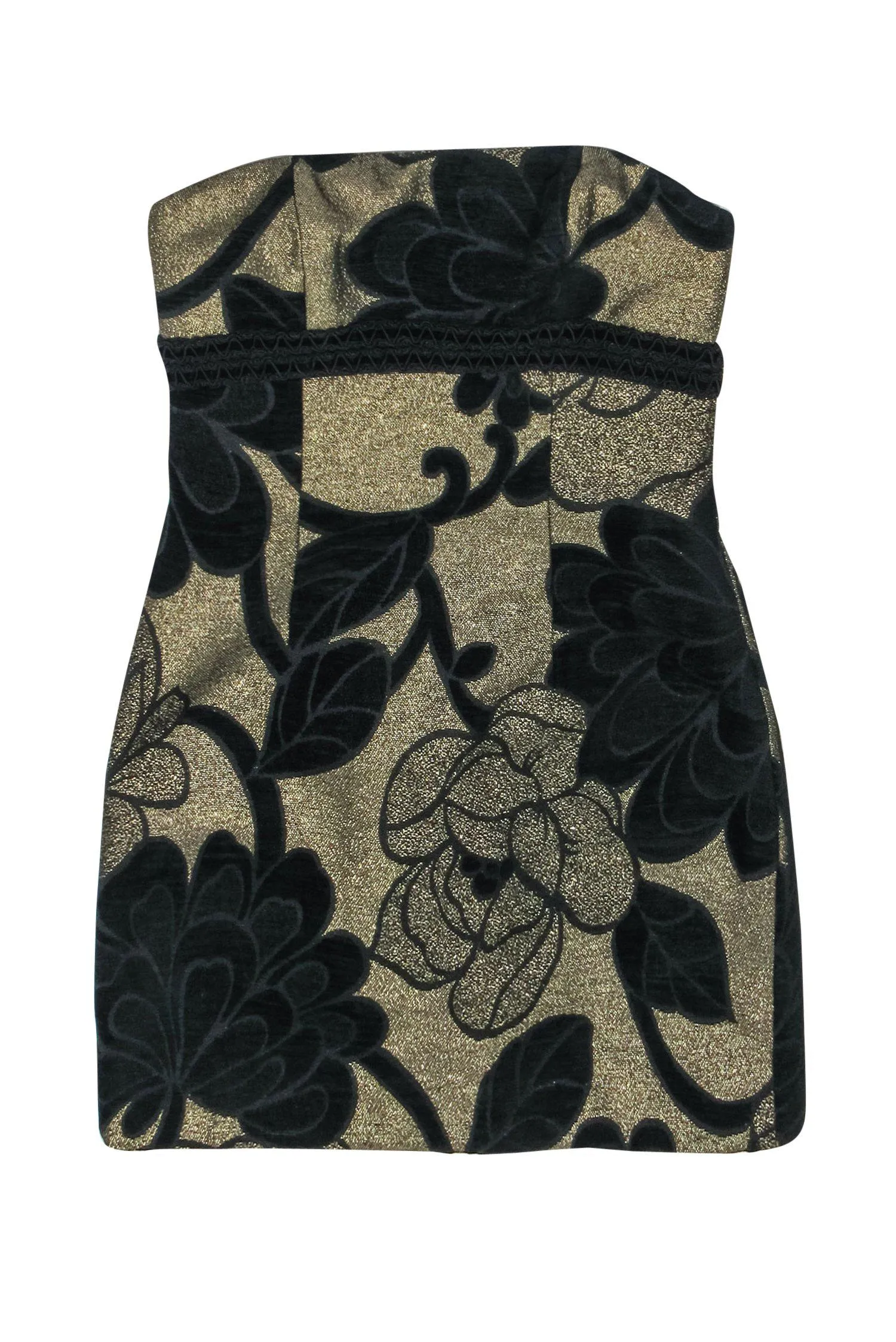 Badgley Mischka - Gold & Black Textured Floral Print Strapless Dress w/ Eyelet Trim Sz 0