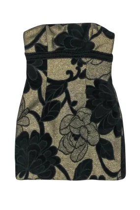 Badgley Mischka - Gold & Black Textured Floral Print Strapless Dress w/ Eyelet Trim Sz 0