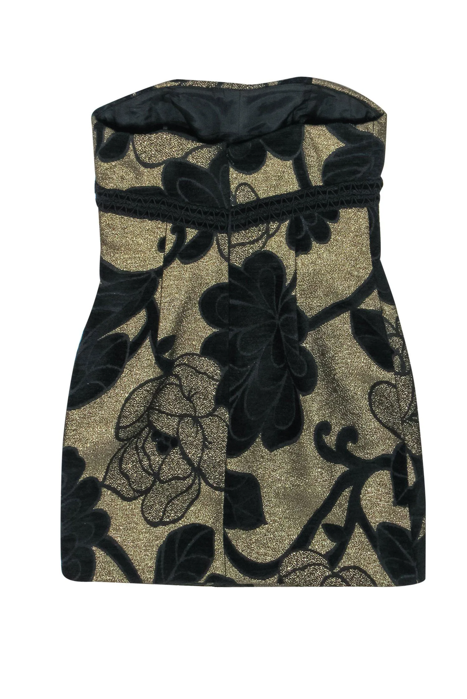 Badgley Mischka - Gold & Black Textured Floral Print Strapless Dress w/ Eyelet Trim Sz 0