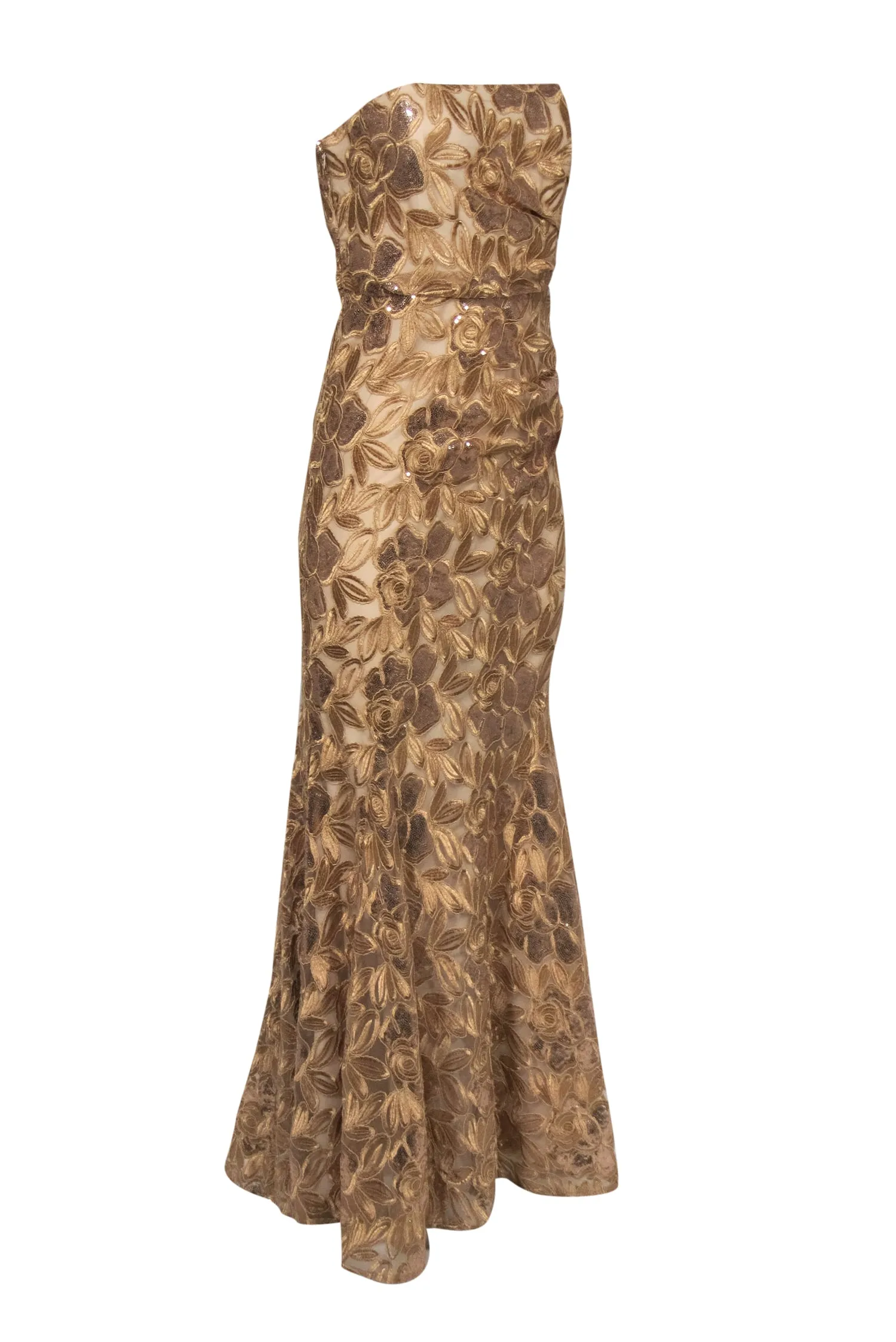 Belle by Badgley Mischka - Gold Floral Embroidered Strapless Mermaid Gown Sz 6