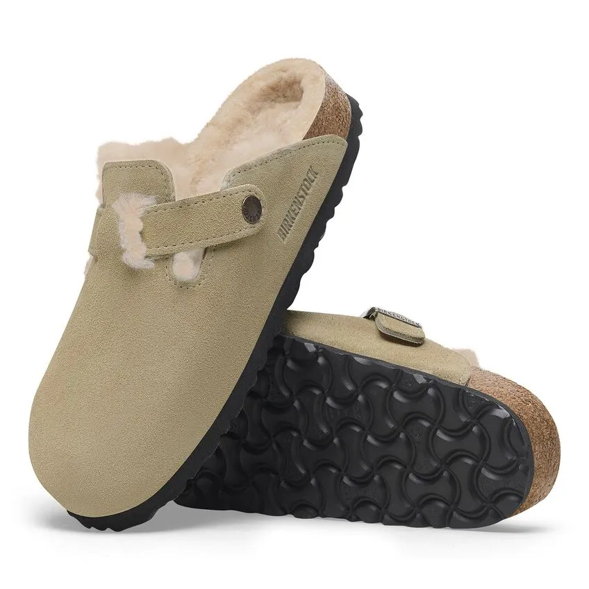 Birkenstock Women's Boston Suede Leather Shearing Clogs Taupe