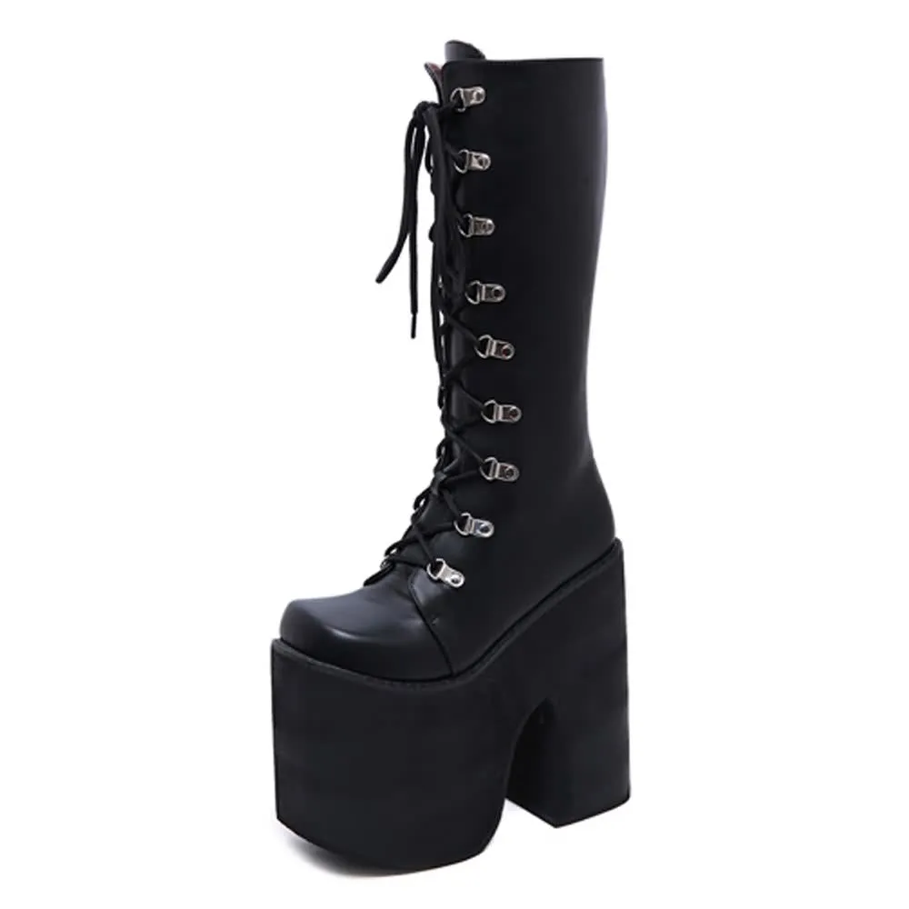 Black Gothic Punk Lace Up Mid Calf Chunky Platform Boots