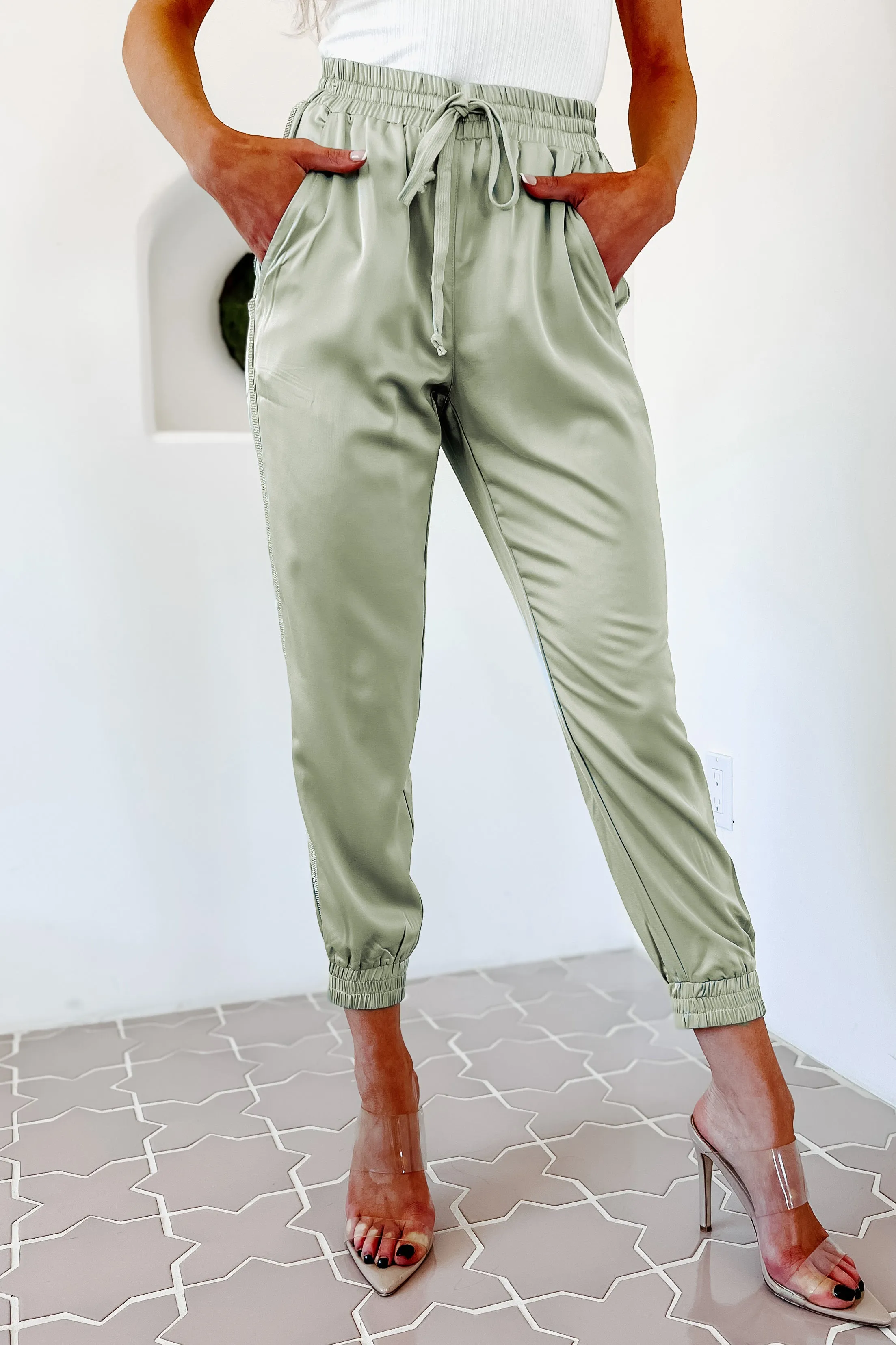 Bling It On Satin Rhinestone Trim Joggers (Green)