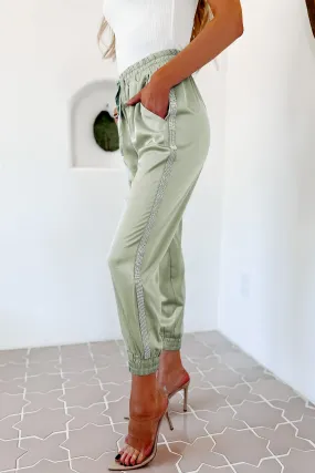 Bling It On Satin Rhinestone Trim Joggers (Green)