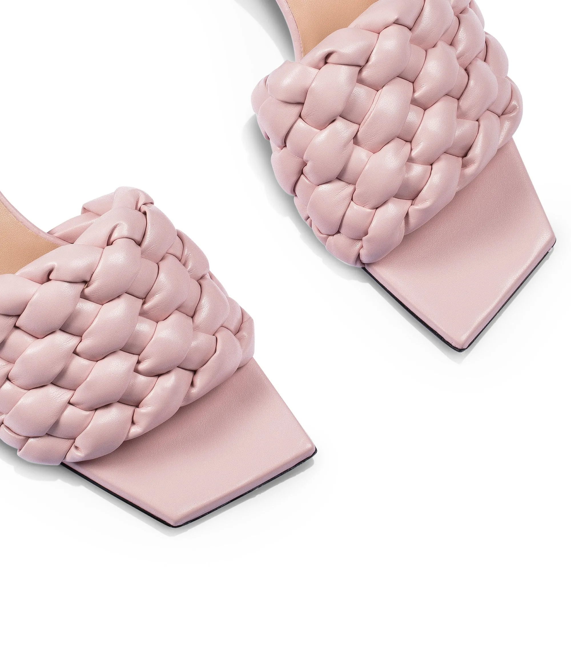 Blush pink woven faux leather mid mules