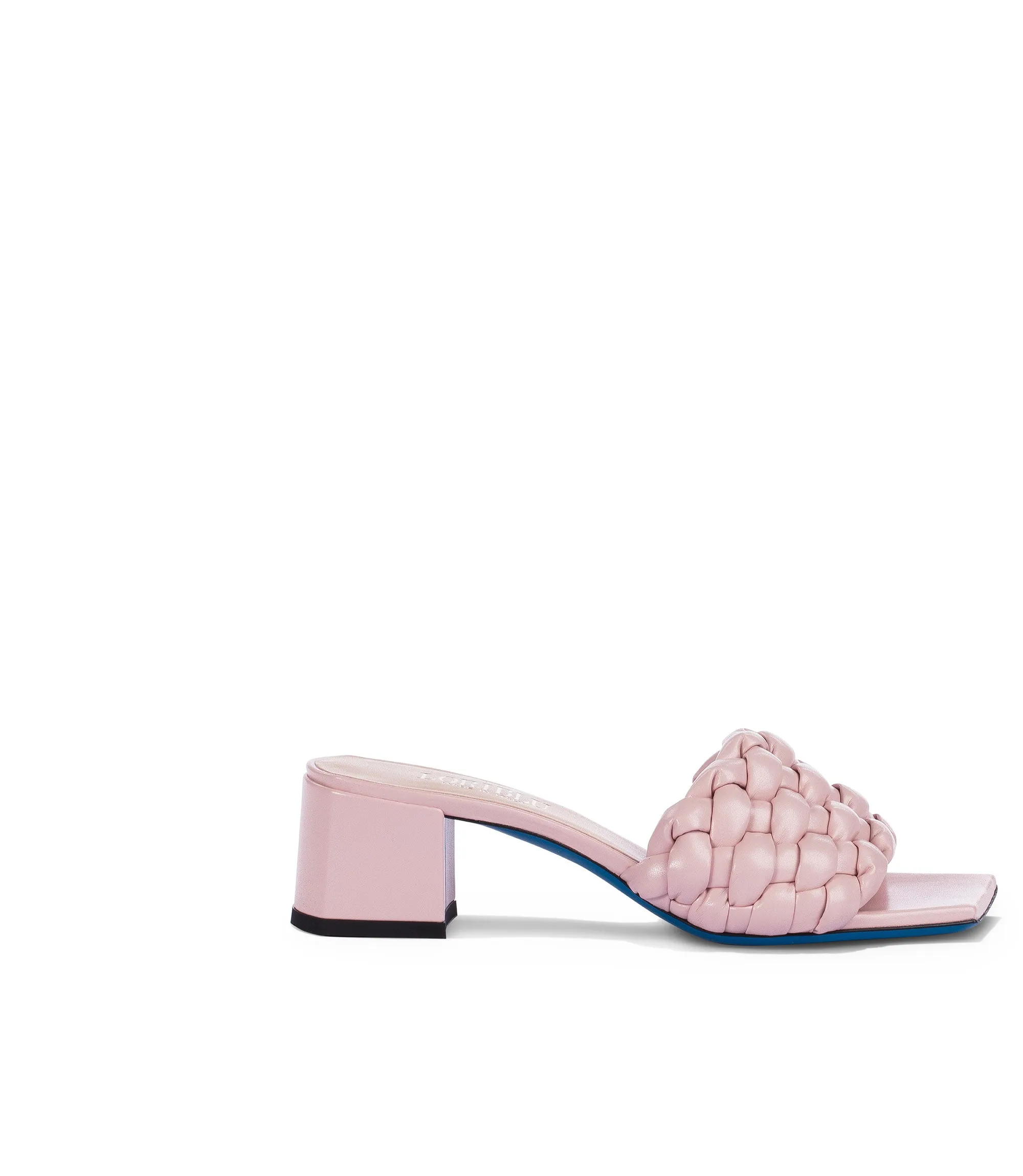 Blush pink woven faux leather mid mules