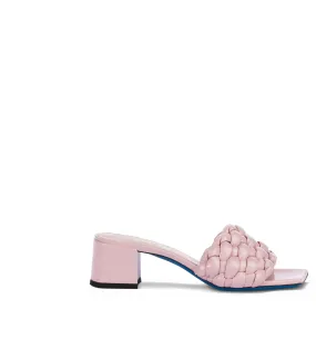 Blush pink woven faux leather mid mules