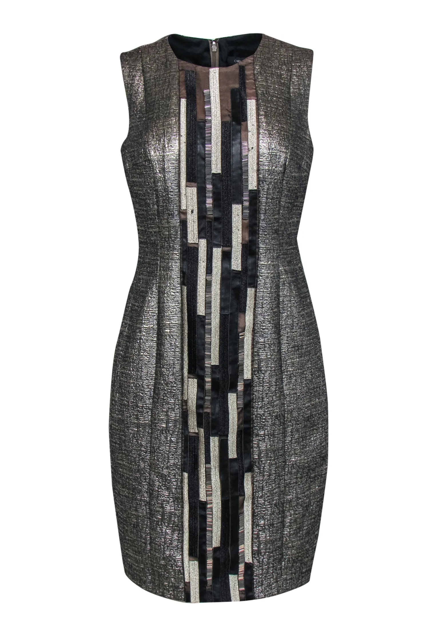 Carmen Marc Valvo - Silver Metallic Dress w/ Beaded, Embroidered & Faux Leather Paneling Sz 10