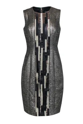 Carmen Marc Valvo - Silver Metallic Dress w/ Beaded, Embroidered & Faux Leather Paneling Sz 10