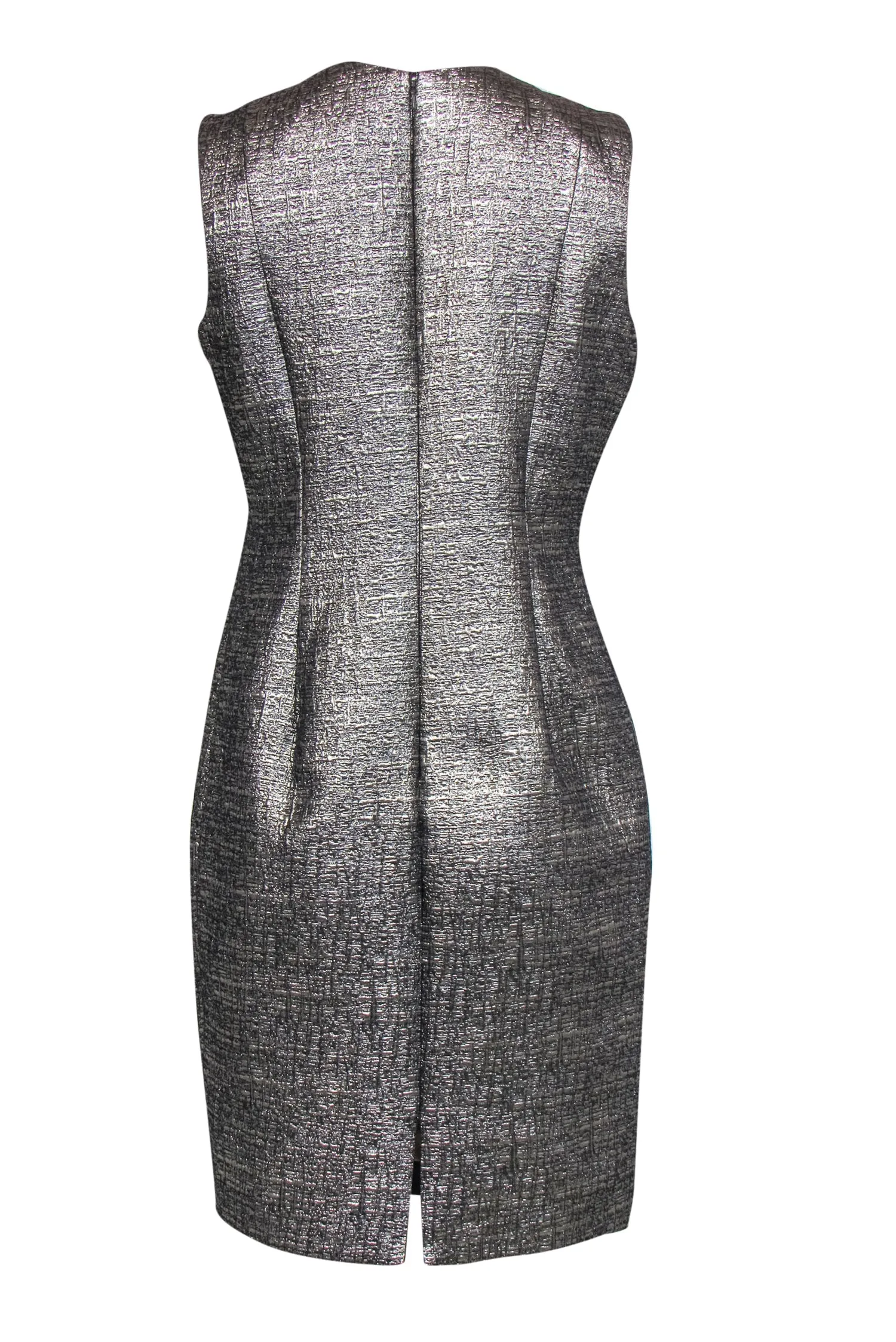 Carmen Marc Valvo - Silver Metallic Dress w/ Beaded, Embroidered & Faux Leather Paneling Sz 10
