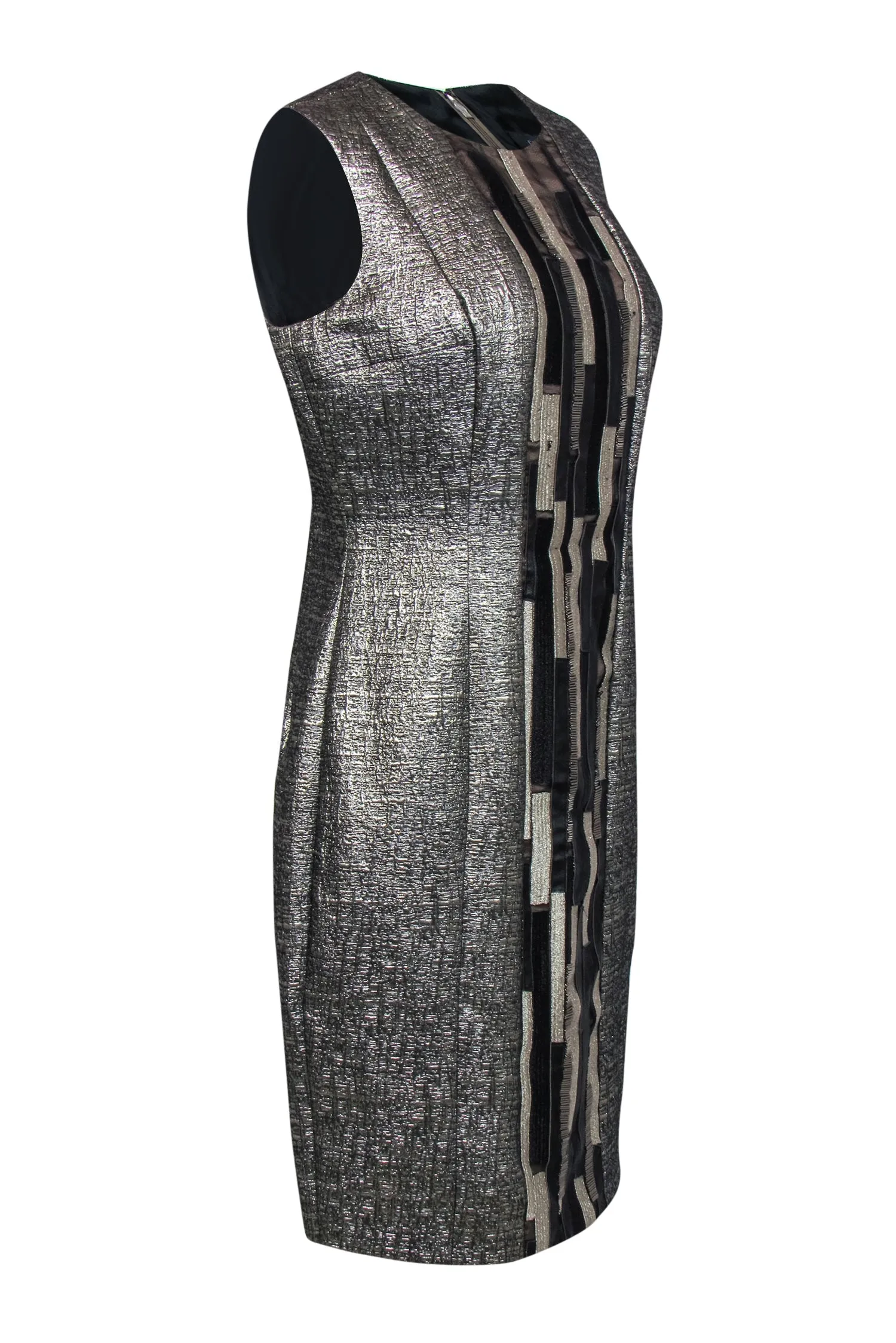 Carmen Marc Valvo - Silver Metallic Dress w/ Beaded, Embroidered & Faux Leather Paneling Sz 10