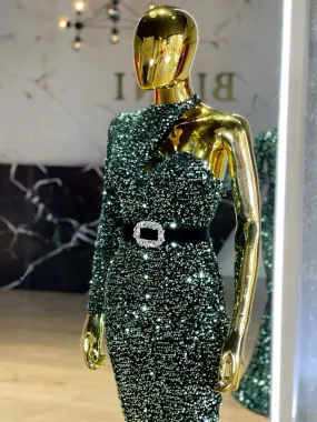 Cenet Sleek Silver Sequin One Shoulder Dress