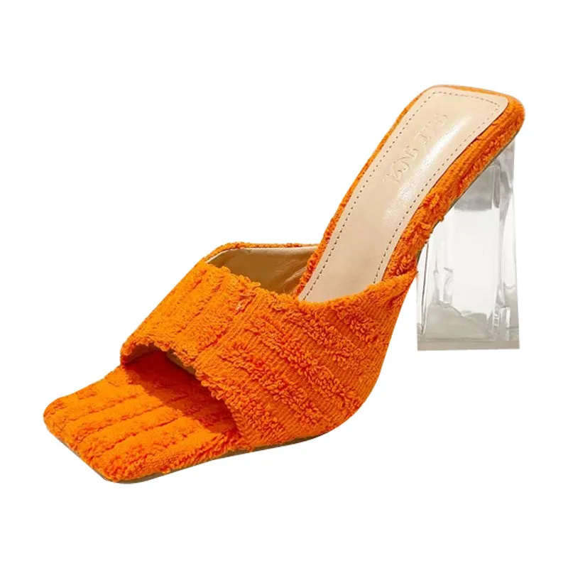 Cozy Towel Sandals And Slippers With Transparent Crystal Heel And Square Toe