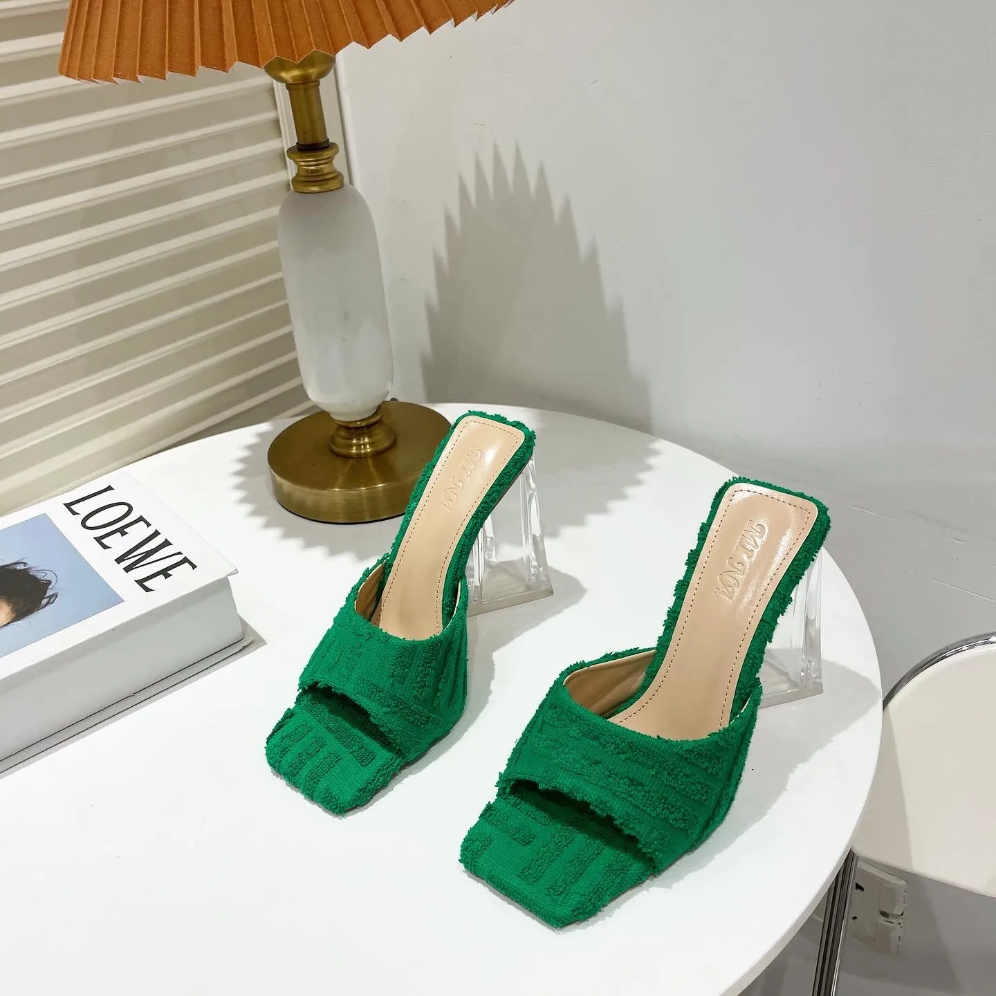 Cozy Towel Sandals And Slippers With Transparent Crystal Heel And Square Toe