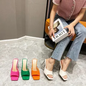 Cozy Towel Sandals And Slippers With Transparent Crystal Heel And Square Toe