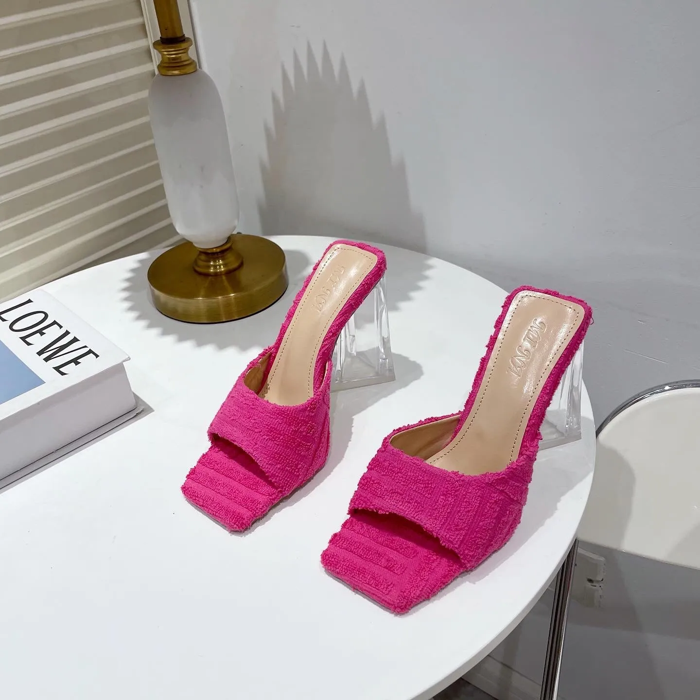 Cozy Towel Sandals And Slippers With Transparent Crystal Heel And Square Toe