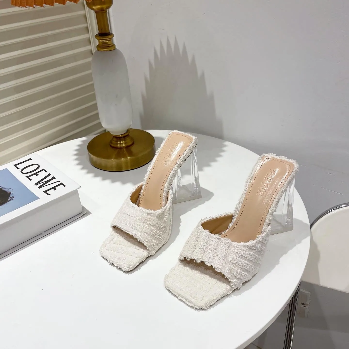 Cozy Towel Sandals And Slippers With Transparent Crystal Heel And Square Toe