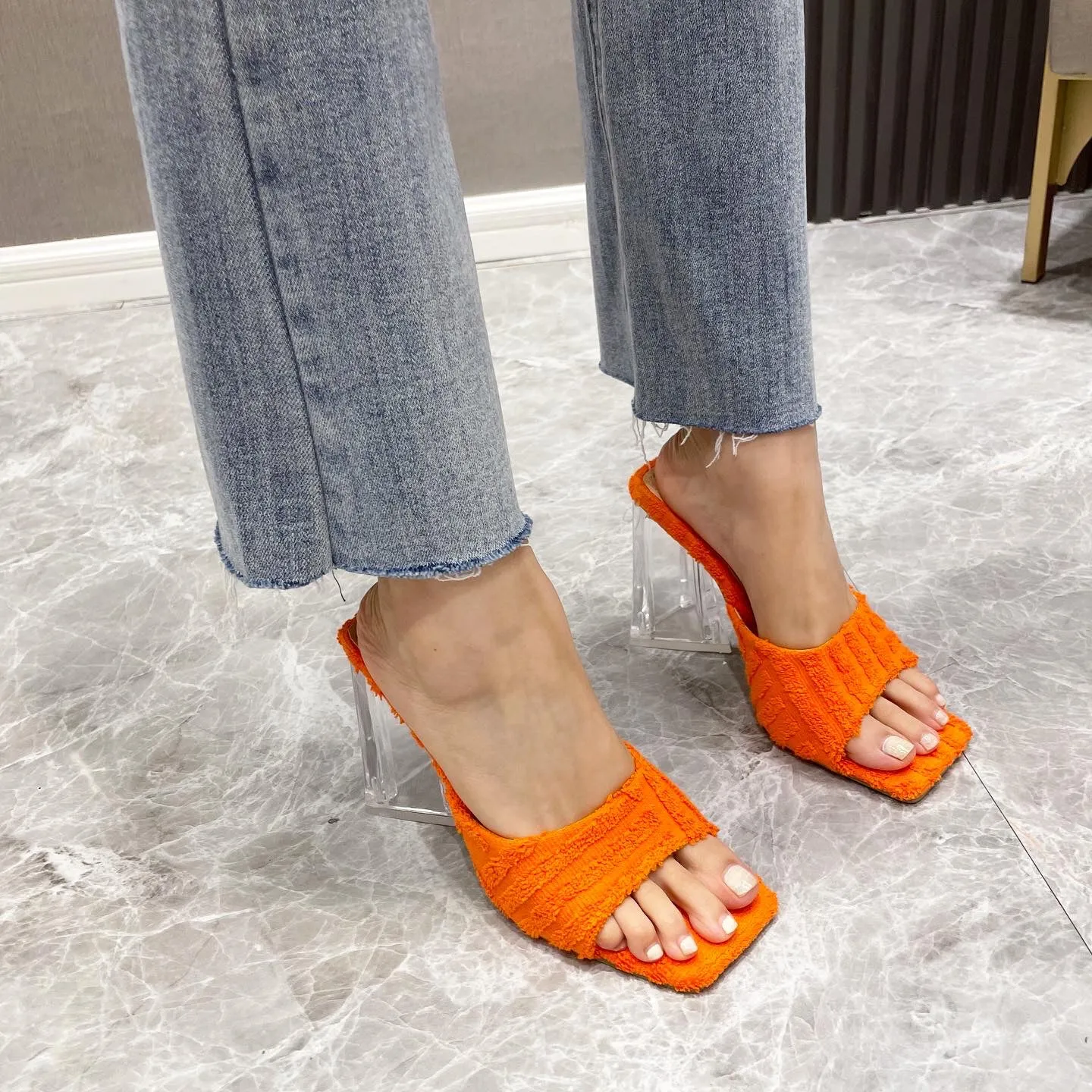 Cozy Towel Sandals And Slippers With Transparent Crystal Heel And Square Toe