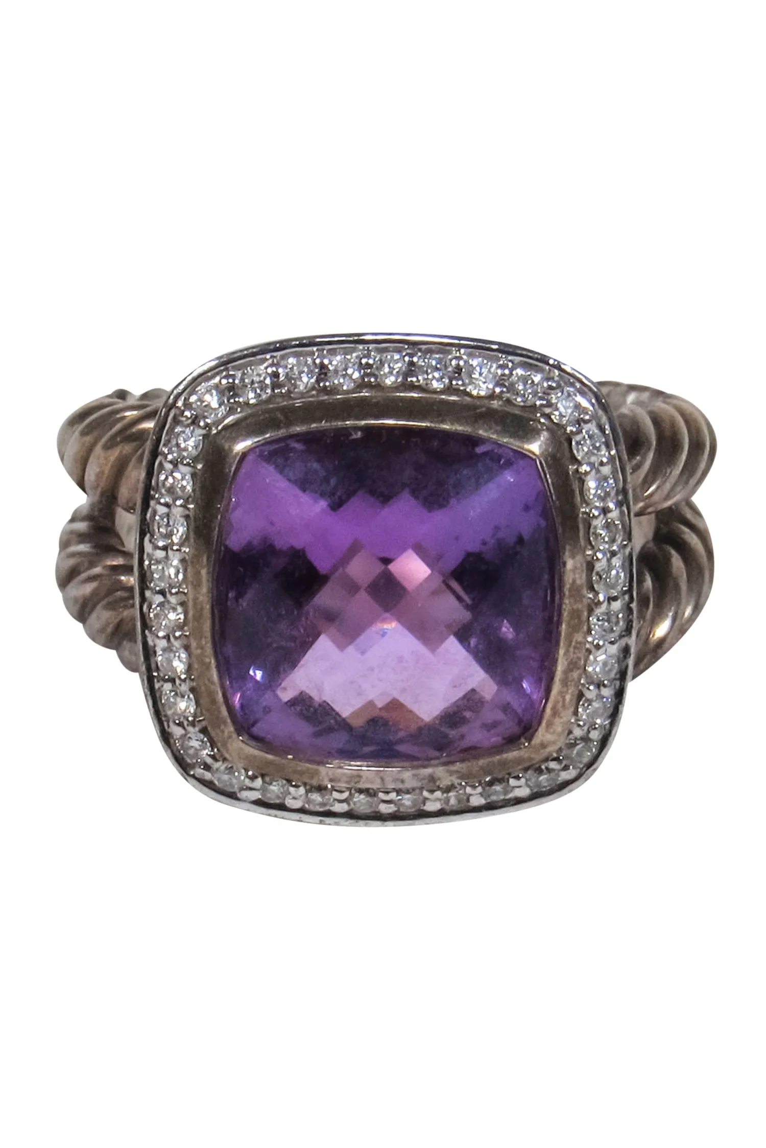 David Yurman - Sterling Silver Braided Diamond Encrusted Ring w/ Amethyst Gem Sz 7