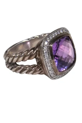 David Yurman - Sterling Silver Braided Diamond Encrusted Ring w/ Amethyst Gem Sz 7