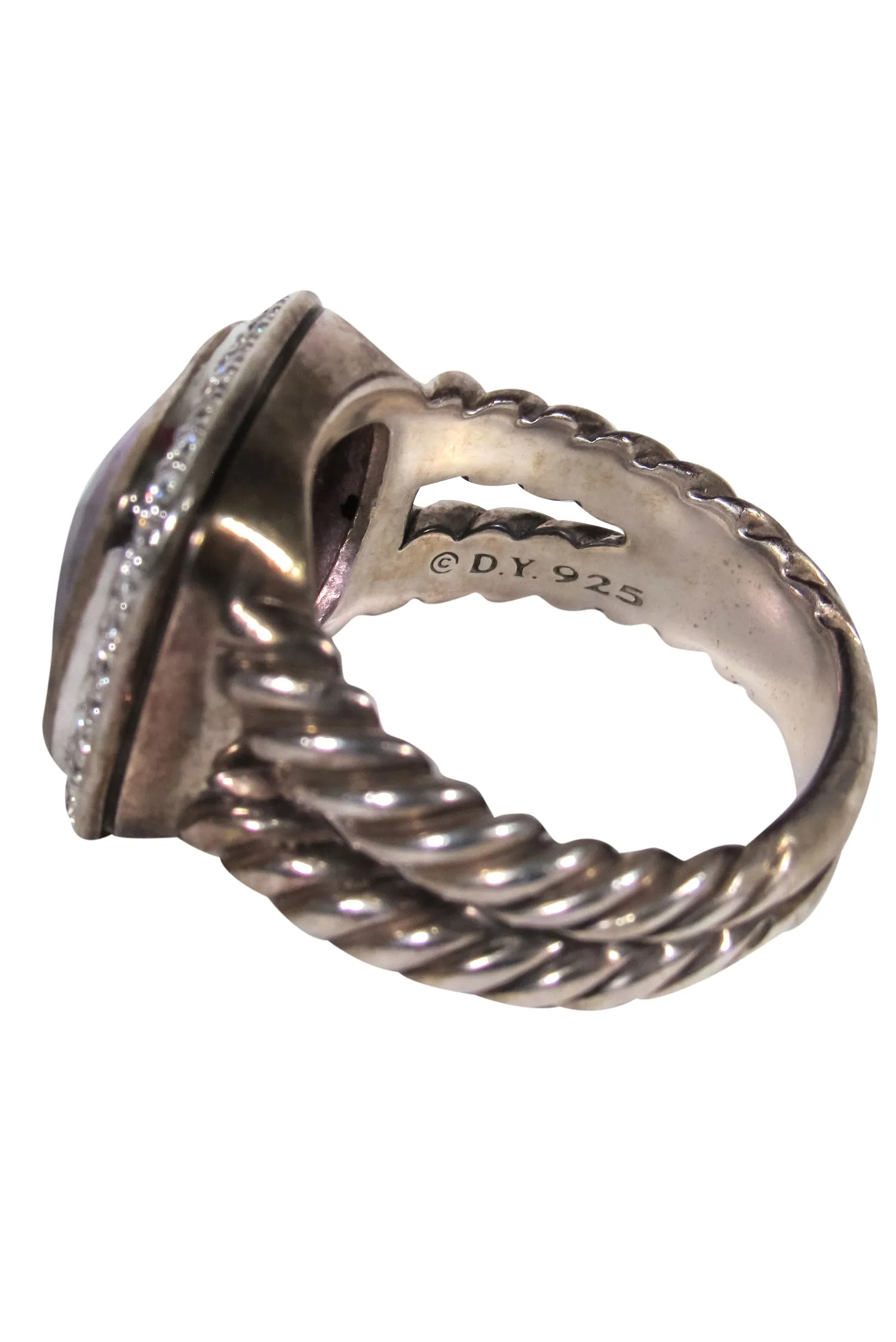 David Yurman - Sterling Silver Braided Diamond Encrusted Ring w/ Amethyst Gem Sz 7