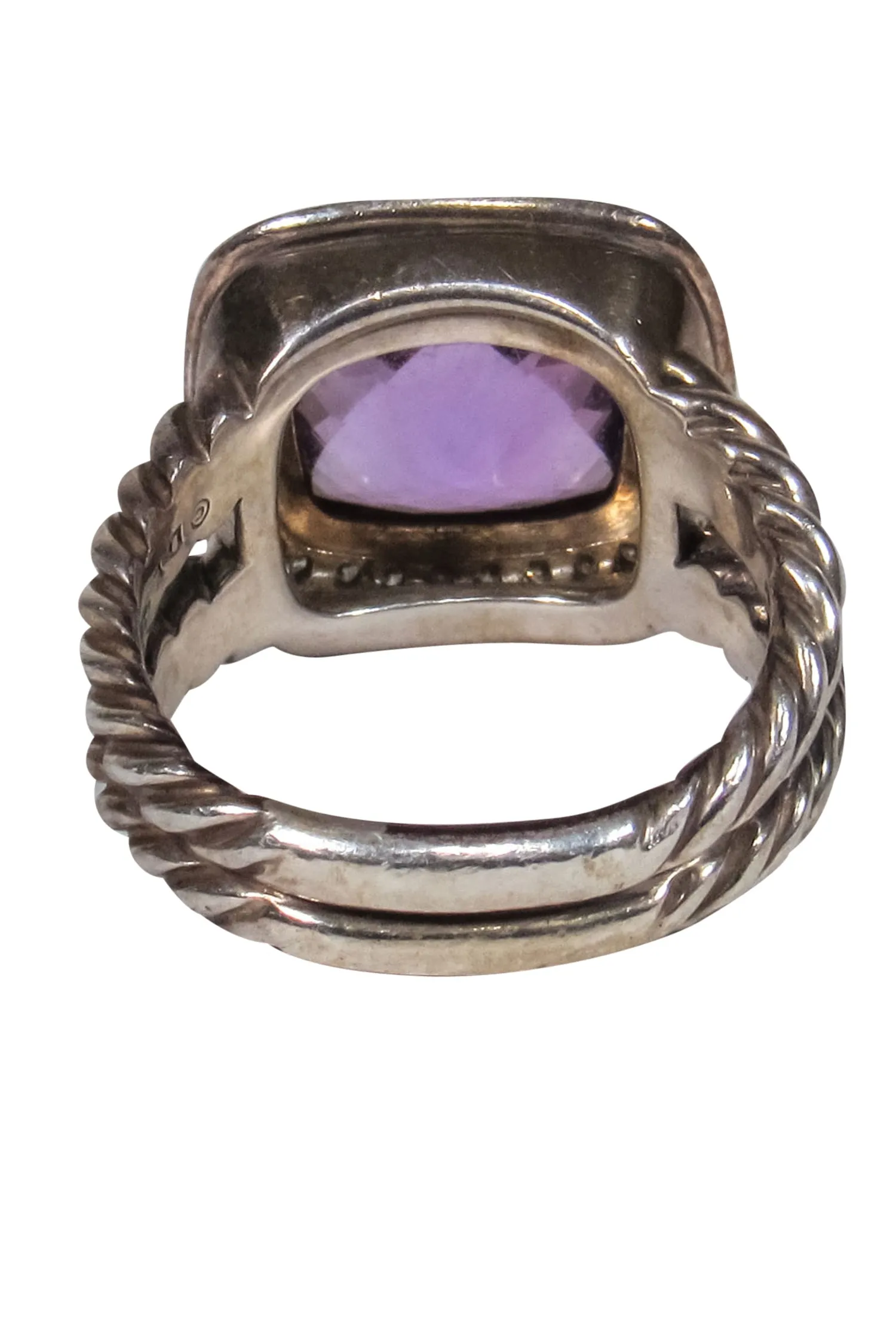 David Yurman - Sterling Silver Braided Diamond Encrusted Ring w/ Amethyst Gem Sz 7