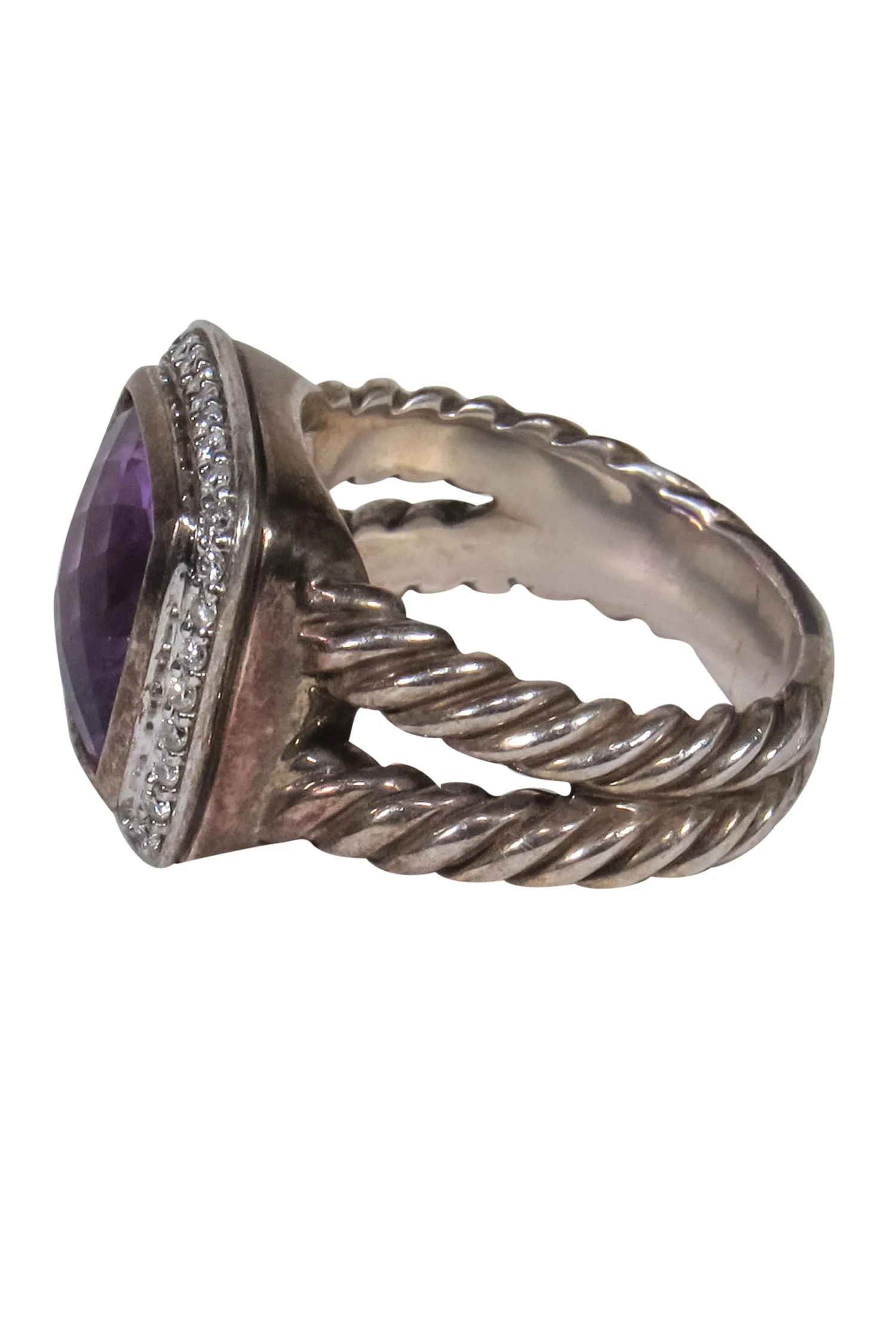 David Yurman - Sterling Silver Braided Diamond Encrusted Ring w/ Amethyst Gem Sz 7