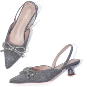 GENSHUO Slingback Rhinestone Bow Heels for Women Closed Pointed Toe Kitten Pumps Slip On Stilettos Wedding Bride Dress Shoes
