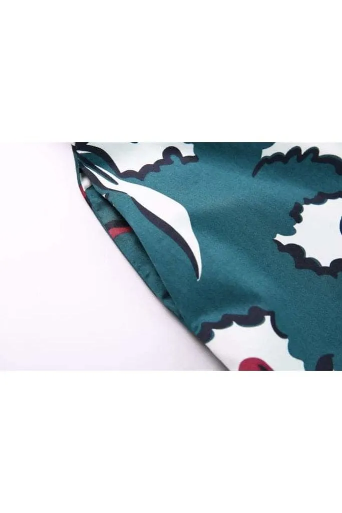 Green V Neck Collared with Sleeves White Hibiscus Vintage Dress