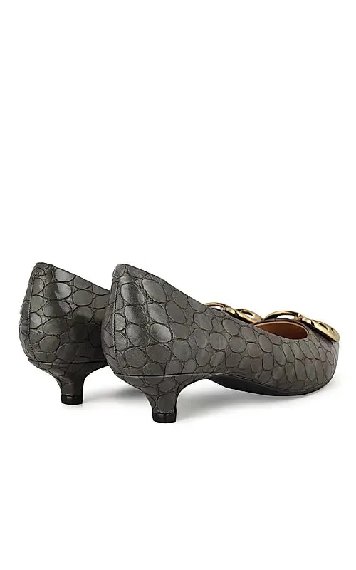 Grey Croco Textured Pointed Toe Heels