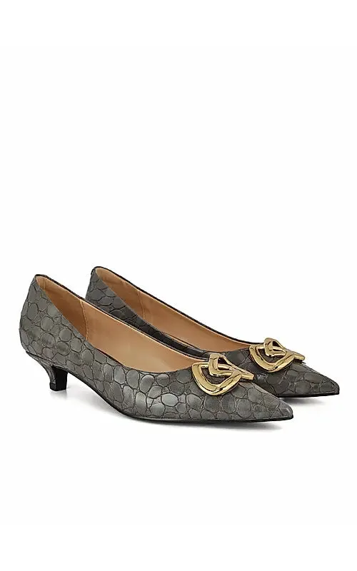 Grey Croco Textured Pointed Toe Heels