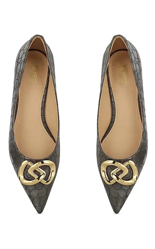 Grey Croco Textured Pointed Toe Heels