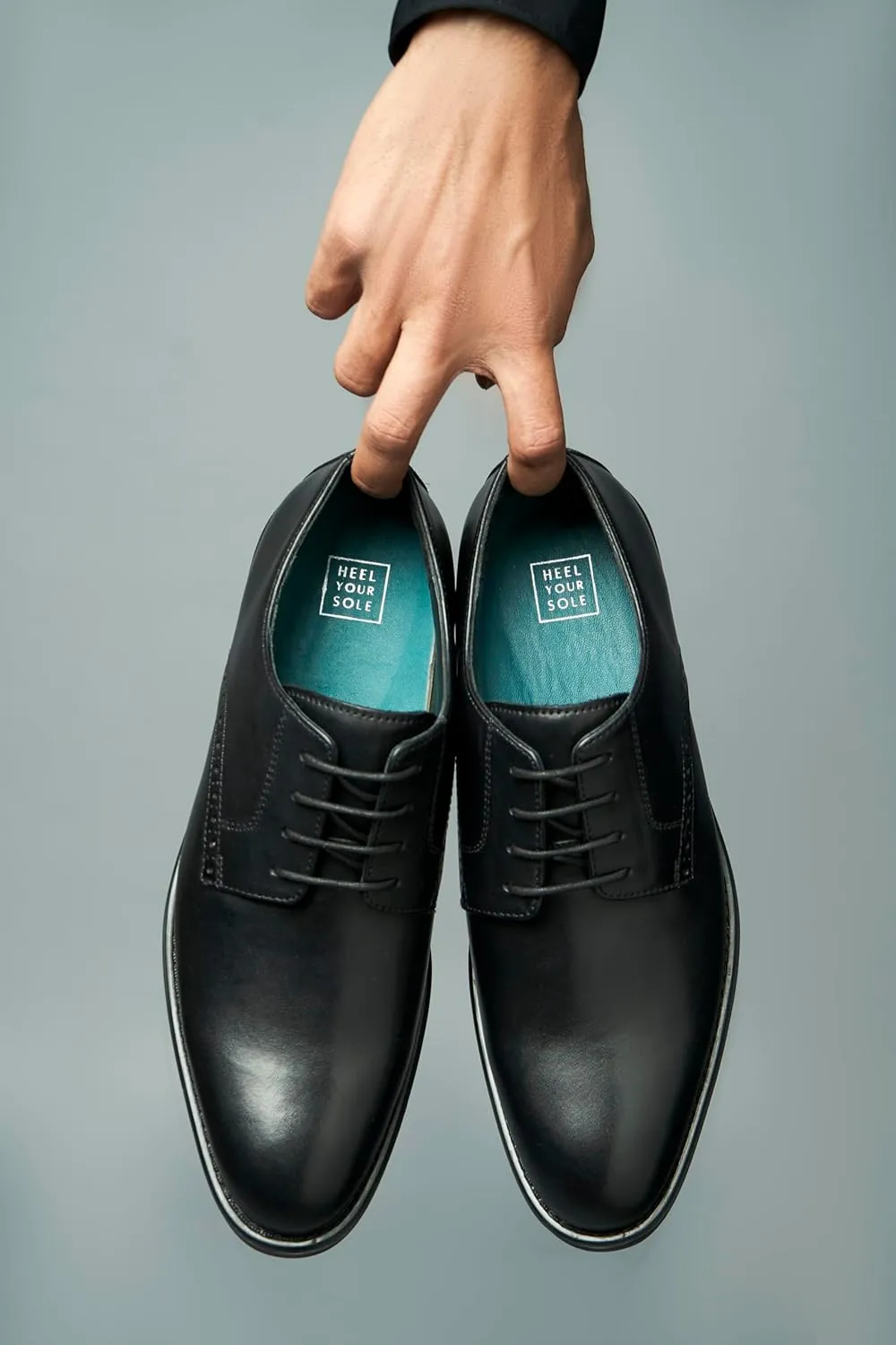 HEEL YOUR SOLE.Yago Derby Shoes, Premium Leather, Black, Breathable Foam Cushioning