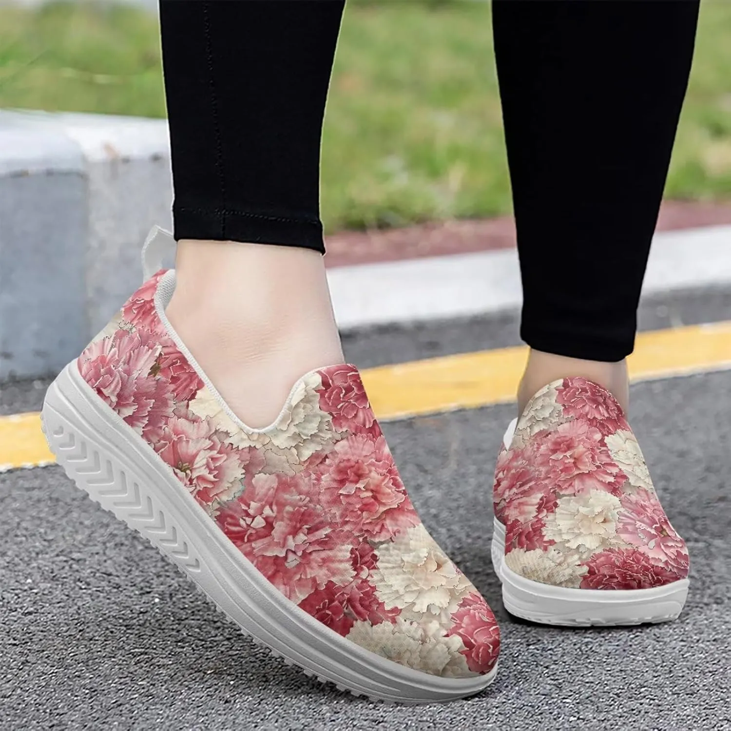 Howilath Flower Pattern Walking Sneakers for Women Casual Platform Shoes Slip on Loafers for Gym Camping Travel