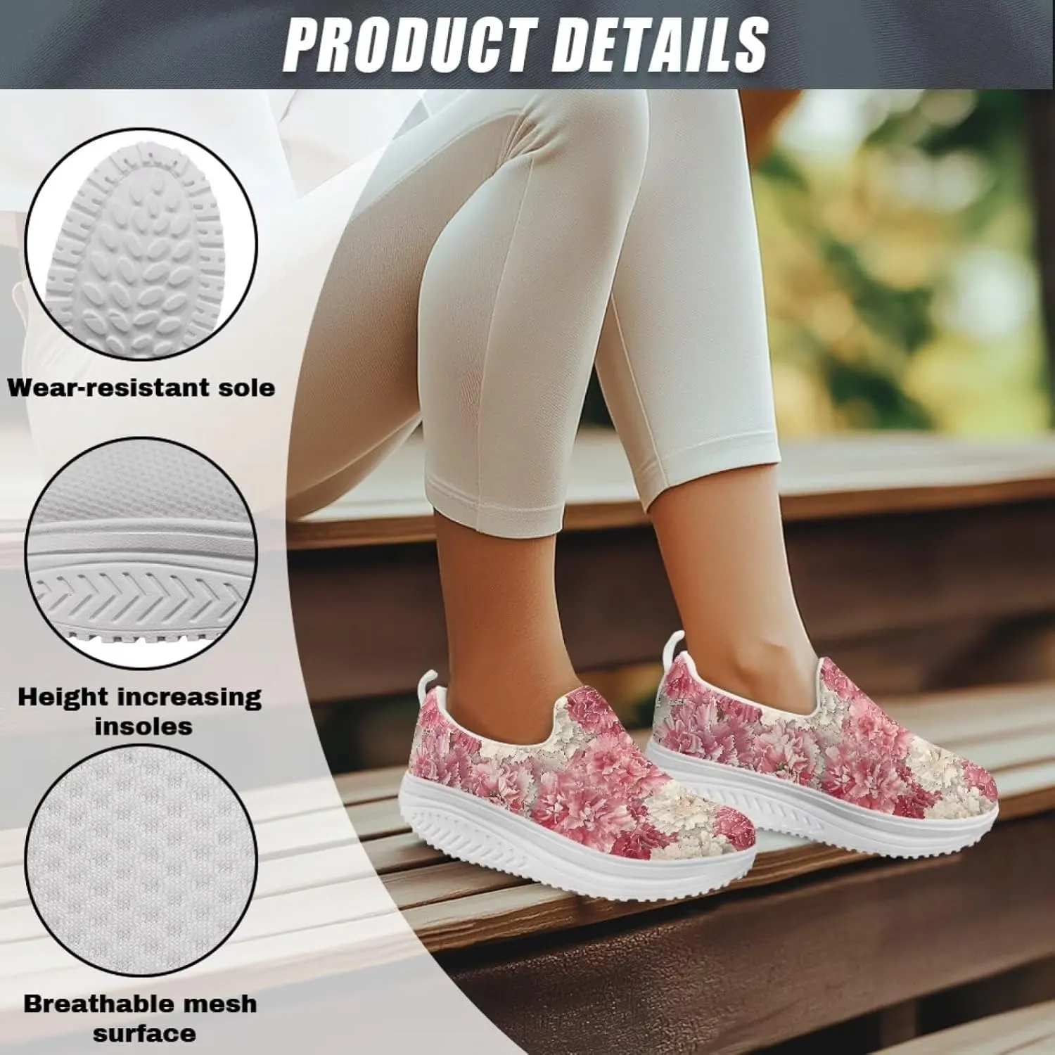 Howilath Flower Pattern Walking Sneakers for Women Casual Platform Shoes Slip on Loafers for Gym Camping Travel
