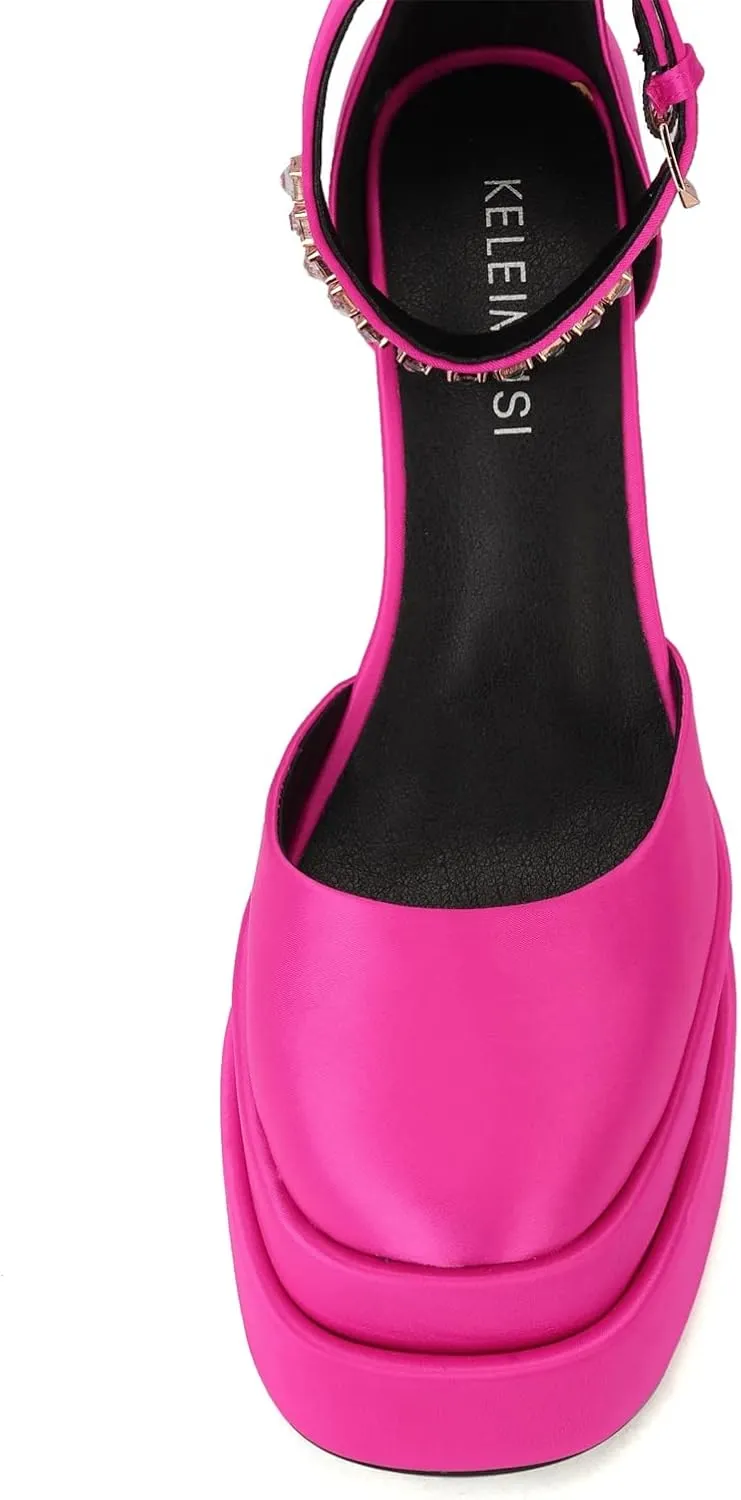 keleimusi Strappy Platform Pumps Lace-Up Square Toe Patent Leather High Blocked Chunky Sandals for Women