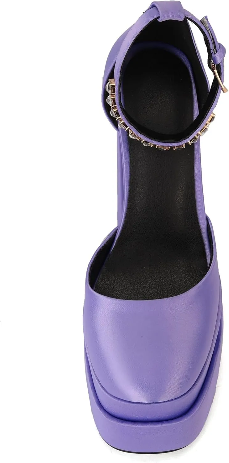 keleimusi Strappy Platform Pumps Lace-Up Square Toe Patent Leather High Blocked Chunky Sandals for Women