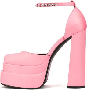 keleimusi Strappy Platform Pumps Lace-Up Square Toe Patent Leather High Blocked Chunky Sandals for Women