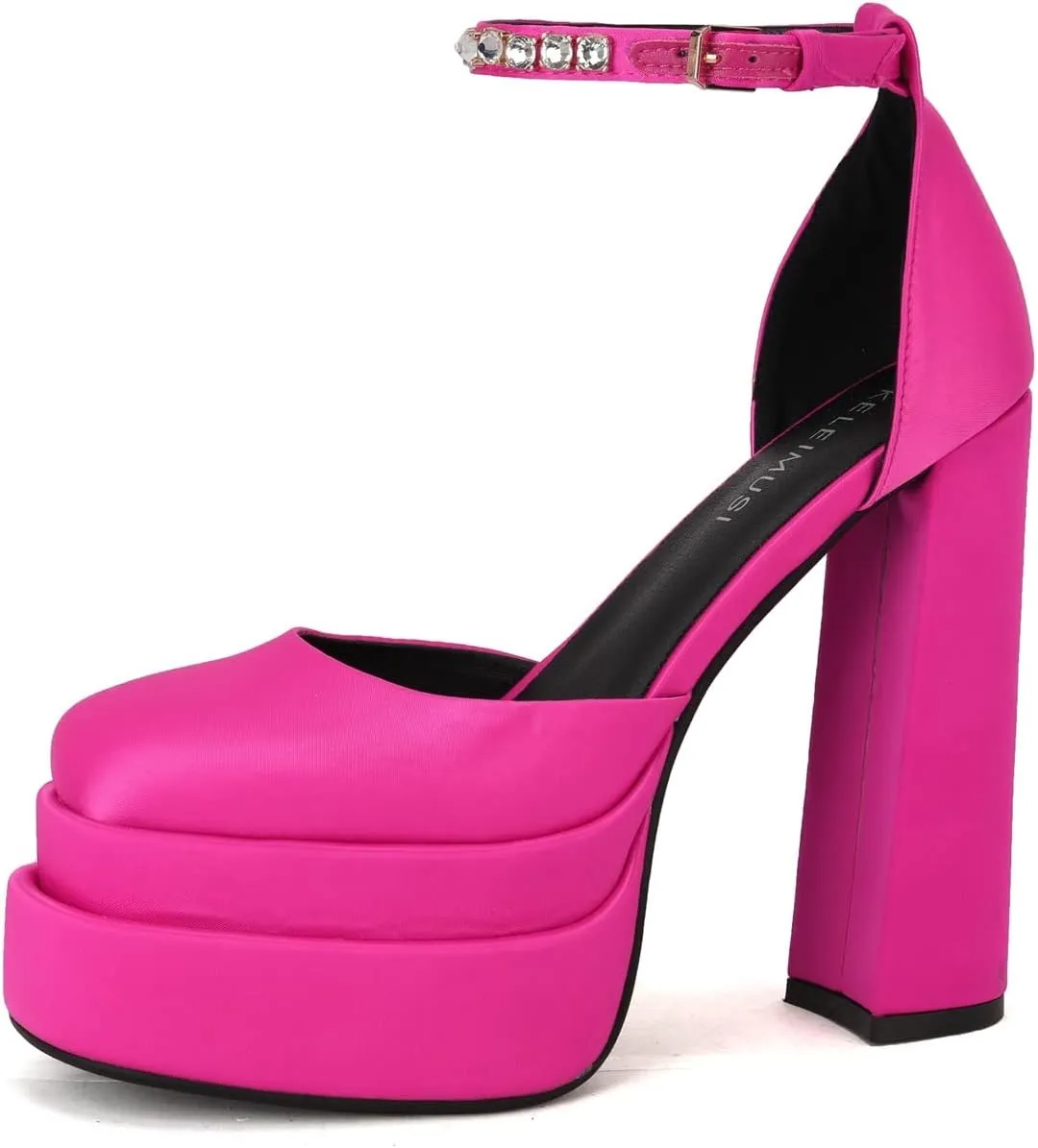 keleimusi Strappy Platform Pumps Lace-Up Square Toe Patent Leather High Blocked Chunky Sandals for Women