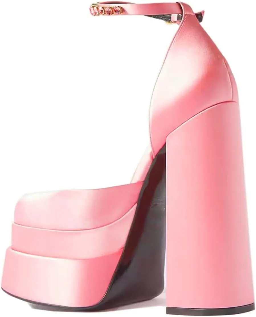 keleimusi Strappy Platform Pumps Lace-Up Square Toe Patent Leather High Blocked Chunky Sandals for Women