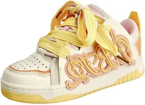 Korean Mismatched Skate Sneakers - Kawaii Ice Cream-Inspired Yellow & Pink Color Block | Cute Manga Style & Height-Boosting Chunky Sole Shoes for Women, Ideal for Sporty & Trendy Ins Outfits