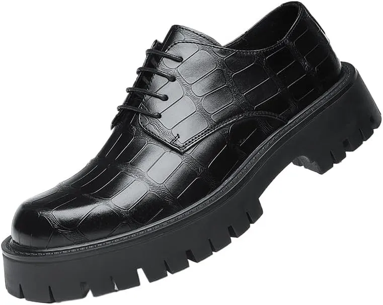Men's Breathable Leather Wingtip Brogue Oxfords Mens Retro Comfortable Business Height Increasing Non-Slip Softsole Walking Printed