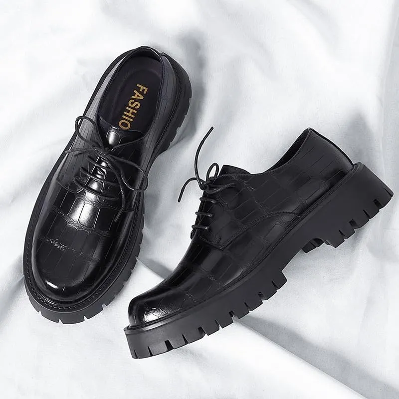 Men's Breathable Leather Wingtip Brogue Oxfords Mens Retro Comfortable Business Height Increasing Non-Slip Softsole Walking Printed