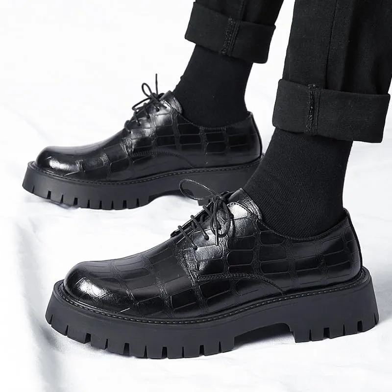 Men's Breathable Leather Wingtip Brogue Oxfords Mens Retro Comfortable Business Height Increasing Non-Slip Softsole Walking Printed